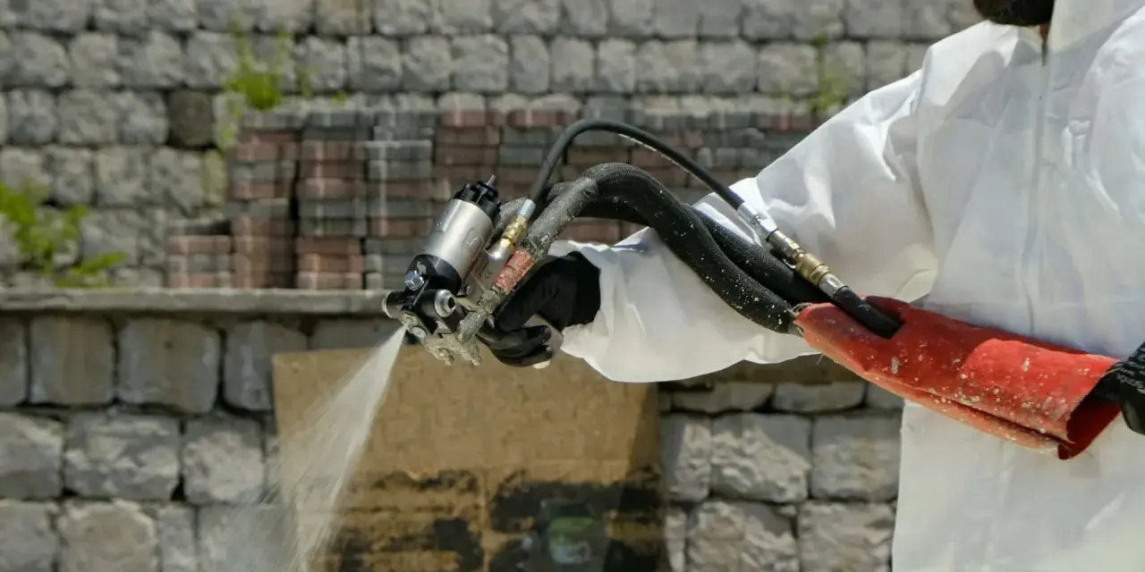 Un ouvrier en combinaison blanche applique une isolation mousse projetée sur un mur de pierres.