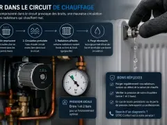 Le circuit de chauffage idéal fonctionne entre 1 et 2 bars. L'image montre un manomètre indiquant la pression, une pompe, et un radiateur purgé.