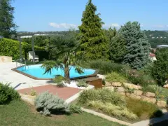 Piscine aux formes douces sur un terrain en pente, entourée de végétation luxuriante et d'une terrasse en bois.