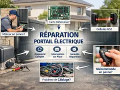 Réparation portail électrique : diagnostic, intervention sur place, garantie. Causes possibles : moteur, carte, cellules, câblage, télécommande.