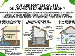 Illustration des causes d'humidité dans une maison : remontées capillaires du sol, infiltrations, et condensation.