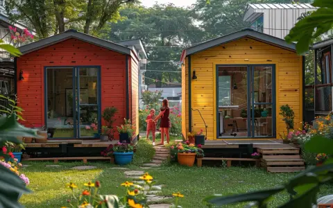 Deux petites maisons colorées, rouge et jaune, dans un jardin fleuri. On peut mettre 2 abris de jardin de 5m2 côte à côte, comme ici.