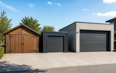 Trois garages aux styles variés : bois, métal et béton. Idéal pour comparer le prix construction garage et choisir le vôtre.