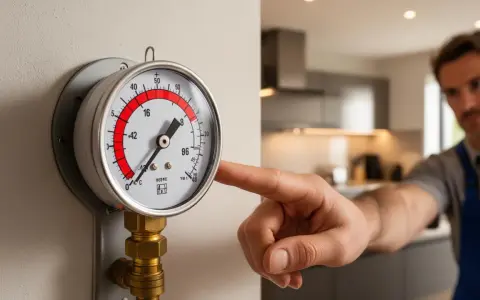 Un technicien vérifie un manomètre indiquant une baisse de pression de la chaudière, sans fuite visible.