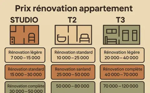Tableau comparatif des prix de rénovation d'appartements (studio, T2, T3) selon le type de travaux : légère, standard, complète.