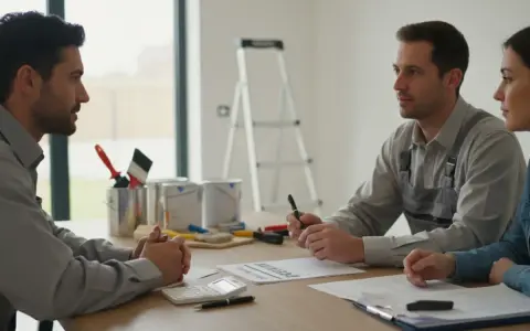 Un entrepreneur discute avec un couple des termes de la loi sur les acomptes pour travaux. Des pots de peinture et des pinceaux sont visibles.