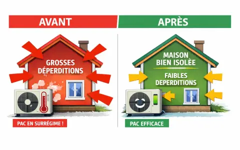 Avant : maison rouge avec grosses déperditions, PAC en surrégime. Après : maison verte bien isolée, faibles déperditions, PAC efficace.