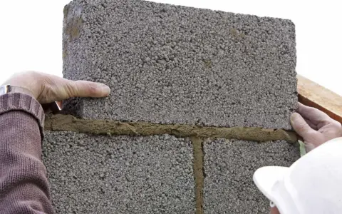 Pose de parpaings avec mortier. On voit les mains d'un maçon ajustant une brique. La question est : combien de mortier pour 1m2 de parpaing ?