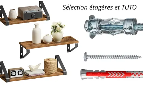 Étagères en bois rustique et fixations pour placo, idéales pour fixer vos étagères.