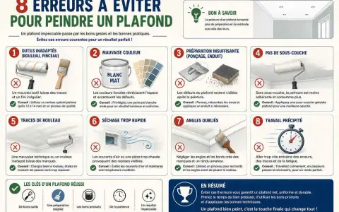 Guide pour peindre un plafond : évitez 8 erreurs courantes pour un résultat impeccable. Quelle peinture pour plafond choisir ? Privilégiez le blanc mat pour un fini lumineux.