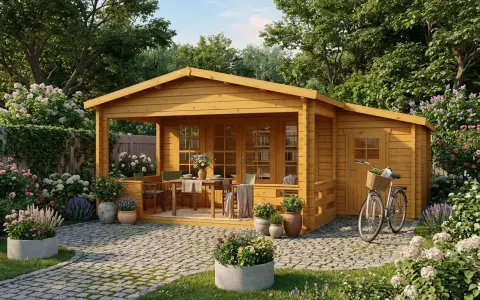 Maisonnette en bois avec une terrasse couverte aménagée pour les repas, entourée de fleurs et d'un vélo.