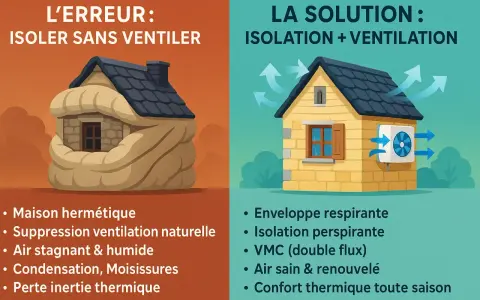 Illustration comparant une maison étouffée par l'isolation sans ventilation (erreur) et une maison bien isolée et ventilée (solution), essentielle pour la rénovation maison ancienne.