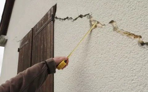 Main d'une personne mesurant des fissures sur un mur extérieur. Quand s'inquiéter des fissures maison ?
