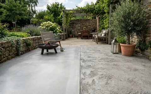 Terrasse avec une finition dalle béton lisse et une autre texturée, mobilier de jardin, brasero et olivier.