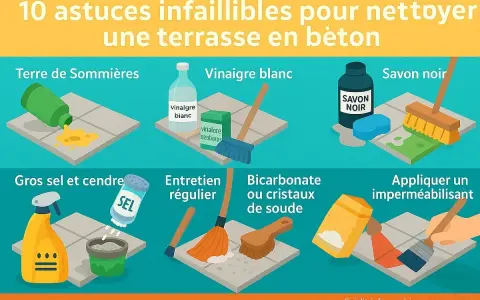 Astuces pour nettoyer une terrasse en béton : terre de Sommières, vinaigre blanc, savon noir, gros sel, entretien régulier, bicarbonate de soude, imperméabilisant.