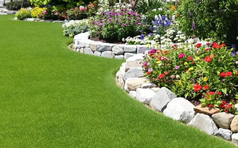 Magnifique pelouse verte bordée de fleurs colorées et d'une murette en pierres, parfaite pour faire bordure jardin.