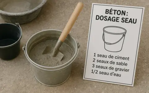 Préparation du béton : un seau de ciment, du sable, du gravier et de l'eau sont prêts à être mélangés.