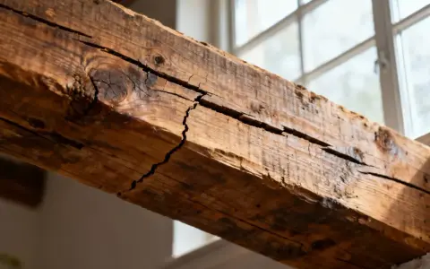 Gros plan sur une poutre en bois fissurée, témoin silencieux d'une maison qui craque toujours au même endroit. La lumière du jour filtre à travers une fenêtre floue.