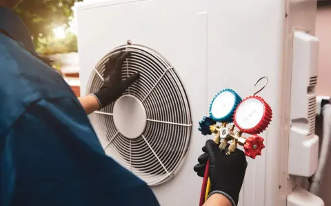 Technicien effectuant l'entretien d'une pompe à chaleur air/air, vérifiant la pression avec un manomètre.