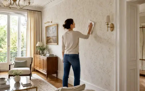 Une femme nettoie un mur avec un papier peint à motifs de feuilles. Elle utilise un chiffon pour peindre sur du papier peint, peut-être pour le rafraîchir.