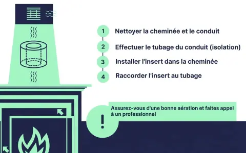 Étapes pour installer un insert dans une cheminée : nettoyage, tubage, pose de l'insert et raccordement. Assurez une bonne aération.