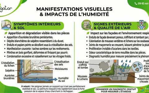 Infographie sur les manifestations et impacts de l'humidité, incluant les symptômes intérieurs, extérieurs et les solutions pour l'étanchéité mur enterré.