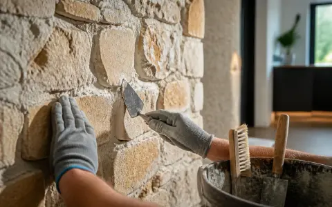Mains gantées travaillant sur un mur en pierres naturelles, appliquant du mortier avec une truelle. Le mur qui s'effrite retrouve sa beauté.