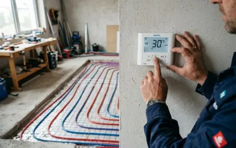 Mise en chauffe plancher chauffant avant carrelage : un technicien règle le thermostat. Les tuyaux rouges et bleus sont prêts pour le béton.