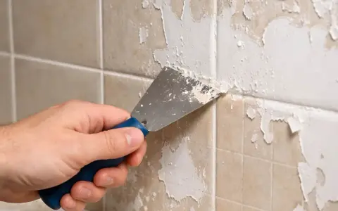Main tenant enlever peinture sur carrelage avec une spatule. La peinture s'écaille, révélant le carrelage beige en dessous.
