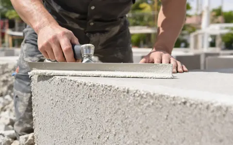 Un maçon applique du mortier sur un bloc de béton cellulaire extérieur pour la construction d'un mur.