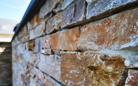 Gros plan sur une pose de pierre de parement extérieur aux teintes chaudes et naturelles, créant une texture rustique et élégante.