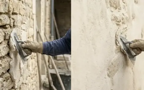 Application d'un enduit pierre vue sur un mur ancien. Un artisan applique le mortier avec une truelle, révélant la texture brute des pierres.