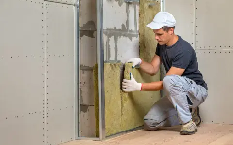 Pose d'isolant dans un mur intérieur de maison ancienne. Un ouvrier installe la laine de roche dans une ossature métallique avant la pose des plaques de plâtre.