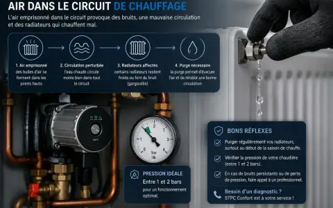 Le circuit de chauffage idéal fonctionne entre 1 et 2 bars. L'image montre un manomètre indiquant la pression, une pompe, et un radiateur purgé.