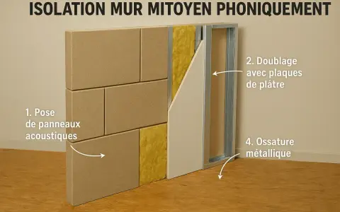 Isolation phonique mur mitoyen : panneaux acoustiques, laine minérale, ossature métallique et plaques de plâtre.