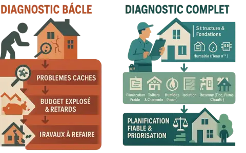 Diagnostic bâclé vs. complet pour rénover sa maison : problèmes cachés, budget explosé et travaux à refaire, ou planification fiable et priorisation.