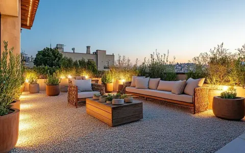 Terrasse moderne avec mobilier de jardin, plantes et éclairage d'ambiance sur un sol en gravier. Le prix du gravier m3 est un détail à considérer pour un tel aménagement.