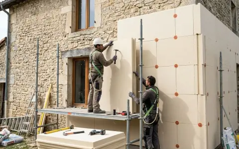 Deux ouvriers installent des panneaux isolants sur un mur de pierre. Ils utilisent des échafaudages et des outils pour fixer le matériau, assurant ainsi le meilleur isolant thermique pour la bâtisse.