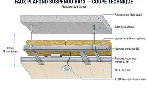 Coupe technique d'un faux plafond suspendu BA13. On voit la dalle béton, l'isolant, la structure métallique et les plaques de plâtre.