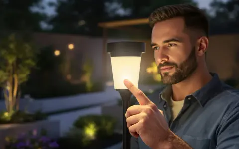 Un homme touche une lampe solaire extérieure, illustrant le fonctionnement on/off de l'éclairage de jardin.
