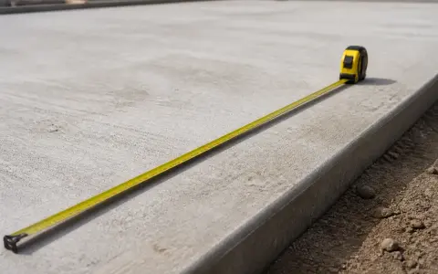Mètre ruban sur une dalle de béton fraîchement coulée, 15 cm d'épaisseur. Le temps de séchage est crucial.