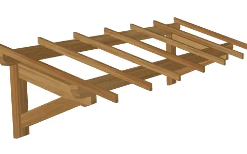 Plan pour fabriquer une marquise en bois. Structure en bois avec poutres et chevrons, prête à être assemblée pour créer une ombrelle.