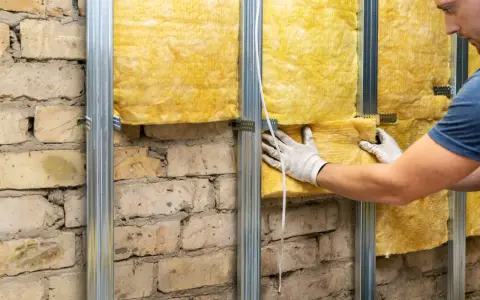 Un ouvrier installe une laine de verre jaune sur une structure métallique fixée à un mur de briques, améliorant l'isolation phonique.