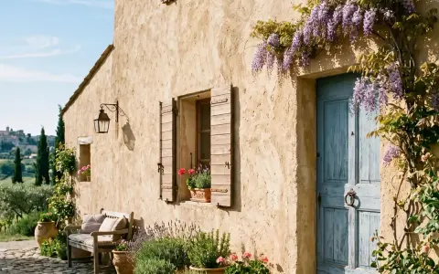 Maison de campagne avec enduit à la chaux extérieur, porte bleue, volets en bois, banc et lavande.