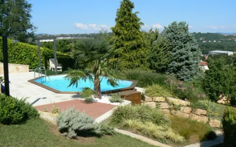 Piscine aux formes douces sur un terrain en pente, entourée de végétation luxuriante et d'une terrasse en bois.