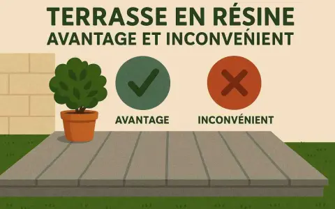 Illustration sur la terrasse en résine : avantage et inconvénient. Un arbre en pot, un symbole de coche verte et un symbole de croix rouge.