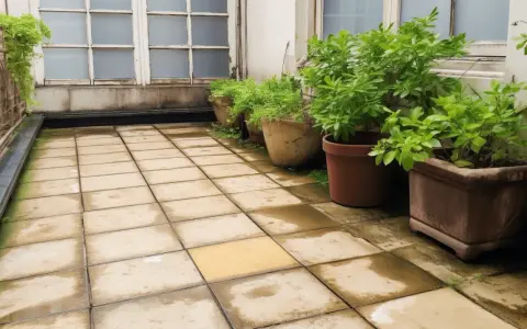 Une terrasse carrelée, prête à refaire une terrasse sur une ancienne, bordée de plantes en pots sous de grandes fenêtres.