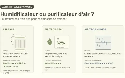 Guide pour choisir entre humidificateur et purificateur d'air. Il présente trois scénarios : air sale, air trop sec (taux humidité maison 32%) et air trop humide.