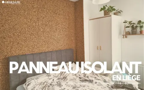 Chambre avec mur en **isolation textile recyclé** de liège. Lit, armoire et plantes vertes.