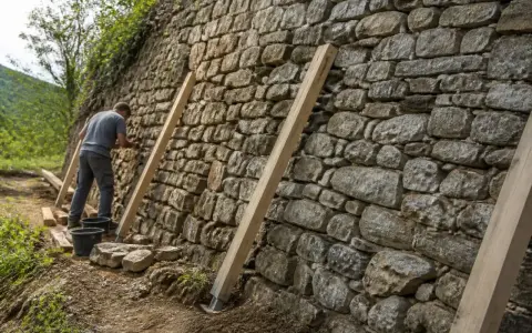 Un homme travaille à comment consolider un mur en pierre, utilisant des étais en bois pour soutenir la structure ancienne.